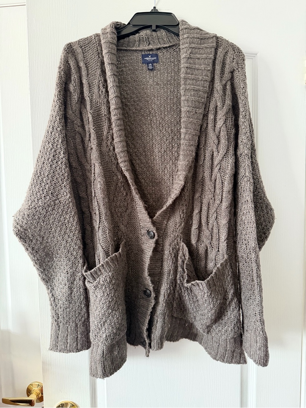 American Eagle Outfitters Dark Grey Cable & Textured Knit Button Cardigan L/XL